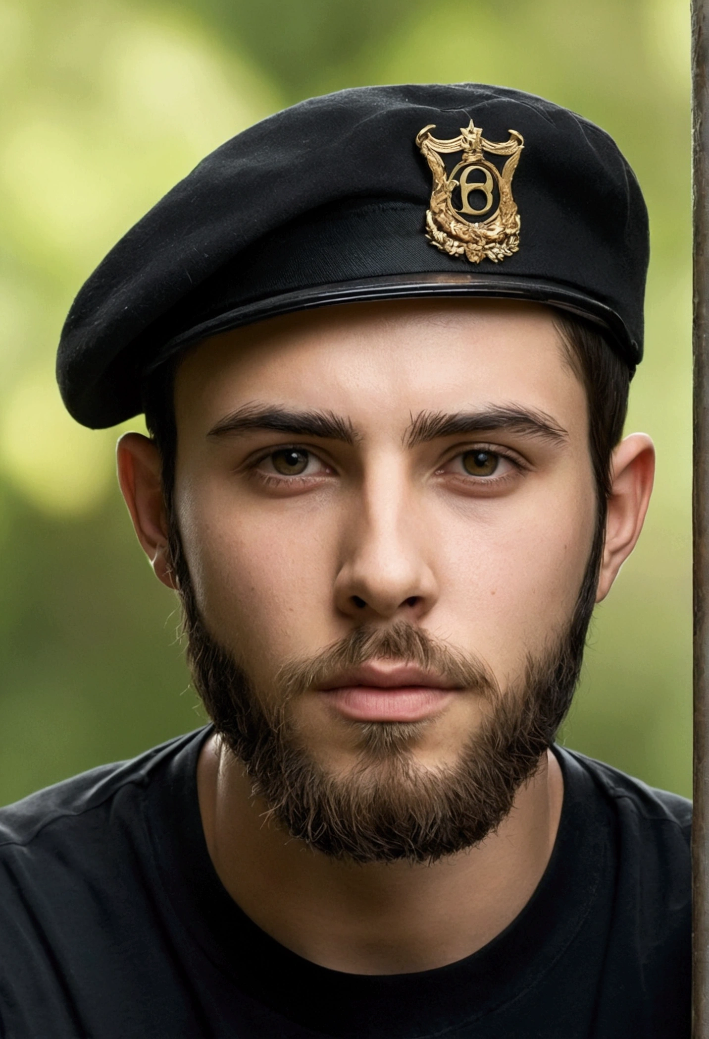 A 22 year old man, with a very low paired beard, black t-shirt fitted to the body, super realistico, cinematic effect, short hair in military haircut style, crooked brim hat with a letter.
