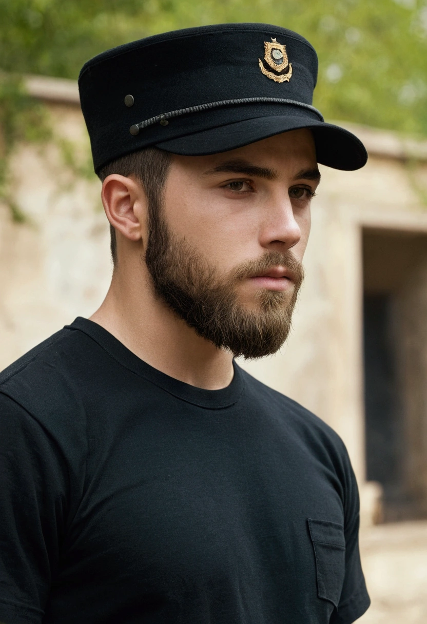 A 22 year old man, with a very low paired beard, black t-shirt fitted to the body, super realistico, cinematic effect, short hair in military haircut style, crooked brim hat with a letter.
