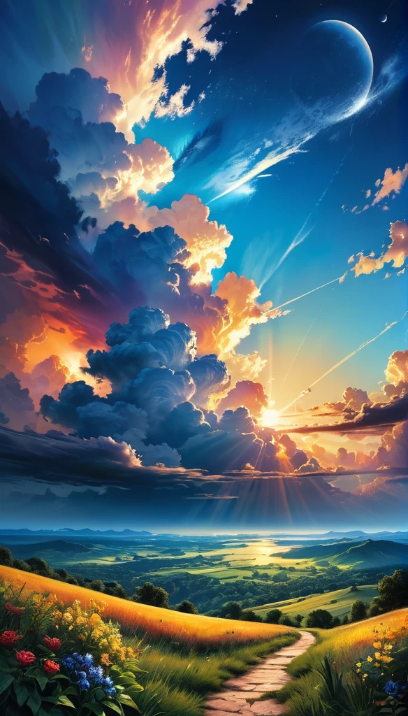 summer sky,photorealistic,highly realistic,extreme details,breathtakingly realistic,high contrast realism,high saturation realism,vibrant colors,dramatic lighting,captivating landscape,compelling storytelling,atmospheric scene,mesmerizing visuals,intricate details,strong emotions,celestial beauty,dreamlike world