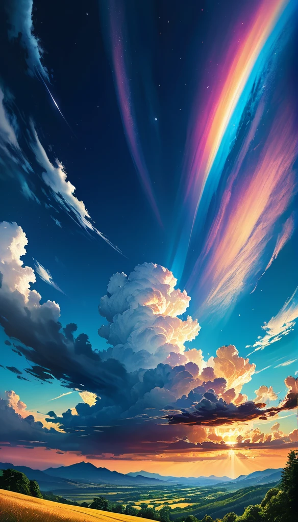 summer sky,photorealistic,highly realistic,extreme details,breathtakingly realistic,high contrast realism,high saturation realism,vibrant colors,dramatic lighting,captivating landscape,compelling storytelling,atmospheric scene,mesmerizing visuals,intricate details,strong emotions,celestial beauty,dreamlike world