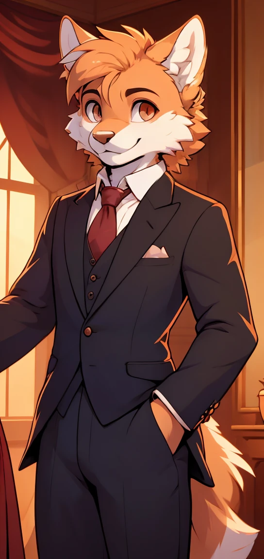 Best Quality, furry, the second, animal nose, maidmarian, smile, orange eyes, zorro, undulation, elegant skirt, (((three piece suit))), tie, blazer, suit&#39;s jacket, vest, Tight skirt, Presuming, showing leg, ((((holding the flap)))), detailed hand, exterior, Portrait with wide aperture, cool tones, Strong visual impact, blank space, contrast of lights and shadows, SUPER TEXTURE, sunset glow, Super clear image, simple image
