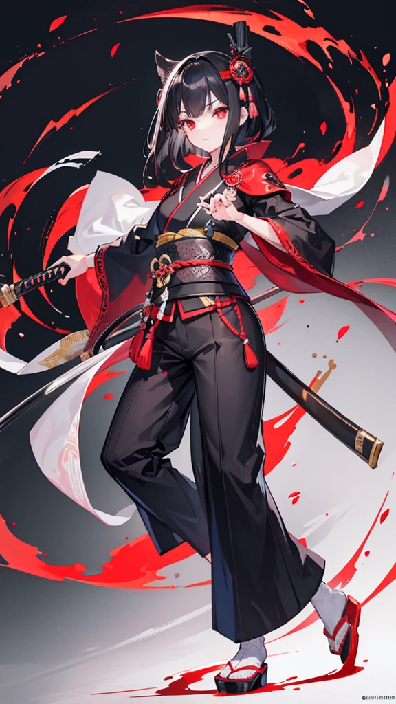 Create a young good looking girl with japanese style cloth old ages with a katana black hair red eyes and full body
with pants and a cape