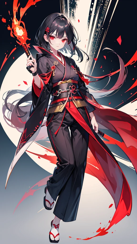 Create a young good looking girl with japanese style cloth old ages with a katana black hair red eyes and full body
with pants and a cape 