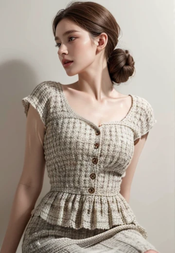 8K, ultra hd, masterpiece, very realistic, 1 girl, sharp focus, hyperrealistic, natural beauty face, soft skin texture, highly fetailed portrait, hair style updo loose bun brown hair, hair behind ears, detailed eyes, detailed lips, medium breasts ((1940s button up lace airy blouse white and a tweed plaid quality pleadted waist a line knee length dress, random colour random dress)), ((High resolution fabric texture Quality)), Perfect body figure, Beautiful gentle Smile, Cinematic photography, Sexy angle, Stylish poses ((eyes facing towards ground)) focus lens on right ear highly detailed, side elegant effortless pose, 64k , high resolution picture quality, very clear body figure, An 18 century french girl, 4 hairstyles