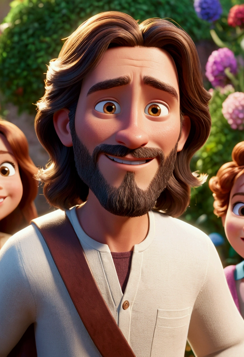 a Disney cartoon from biblical times "Generate a realistic representation of Jesus in a garden with many people dressed in white, with colorful flowers around and soft light illuminating your face." High definition image, high detail and photorealism style. Image with at least 300 dpi, UHD 8k in heaven, a very beautiful place in the sky, animated film, 3d animated movie, still excited, animated film, inspired in Johannes Helgeson, Jesus wasted on a , animated film, animated film still, renderizado em corona, epic lighting, 3d animated, 3D animated, he is greeting you warmly. Stylized character, animation style rendering, 3d stylized, Arnold Maya rendering, Stylized 3D rendering, toon render screenshot, 3d character, 3d character, Stylized 3D rendering, 3D character rendering, cartoon character, Personagem de close up, character posing,  (Pixar-style) (master part:1.2) (bokeh) (best qualityer) (skin detailed) (detailed texture) (8k) (Argilla) (cinematic lighting) (sharp focus