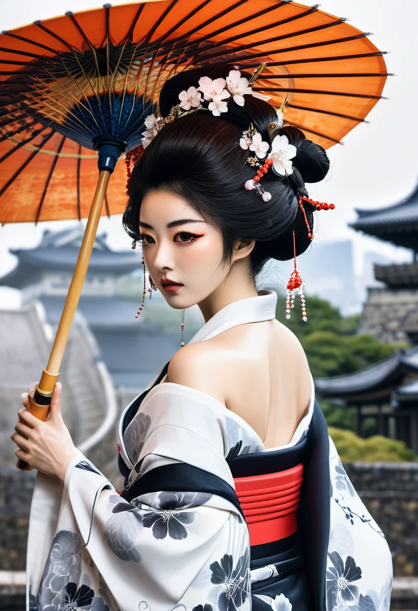8k,Ink painting,Black and white painting,Beautiful detailed glass hair,splash,from behind,whole body,Oiran,luxurious makeup,(Gorgeous costumes,A kimono with a wide open back collar from the nape to the back:1.2),(Oiranの髪飾り,Big Barrel,Disheveled Hair),Large umbrella,(Smoke pipe),Osaka Castle seen in the distance,Dynamic movement and powerful brushstrokes、Drawing strokes drawn with rot ring 0,