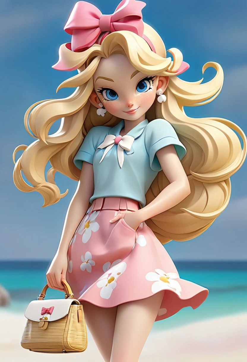 A character with the characteristics: long blonde hair white skin blue eyes a little white bow on her head with a pink top a pink beach skirt and a white bag a white sandal with a very happy face