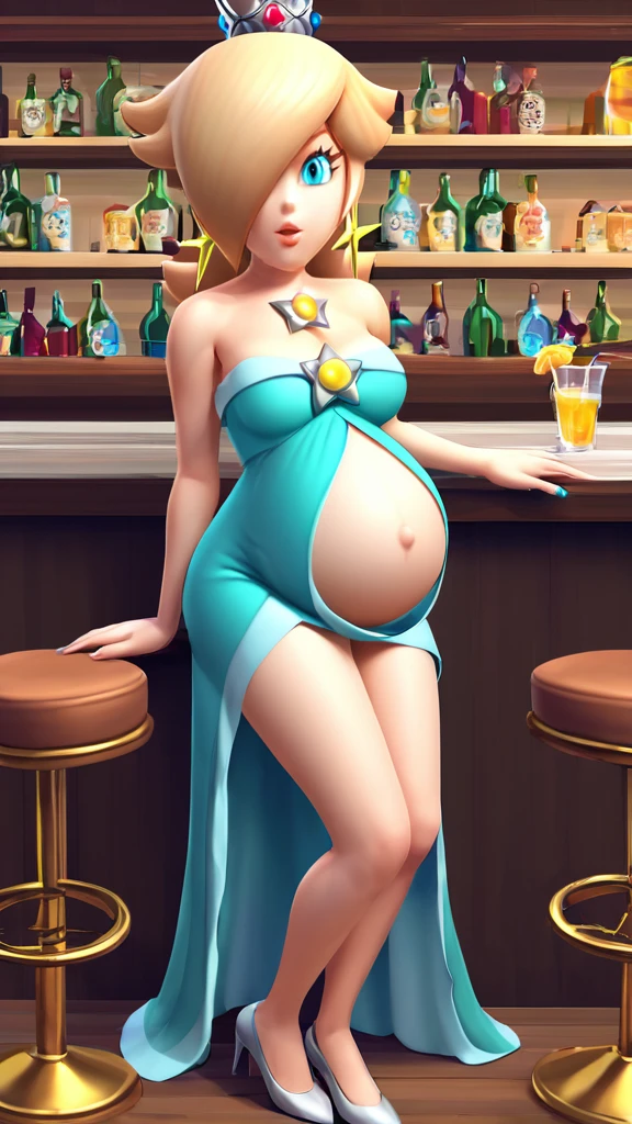 score_9, score_8_up, 1girl, solo, rosalina, style parody, thick outlines, blue dress, sleeveless, strapless, cleavage, indoors, bar, pregnant belly