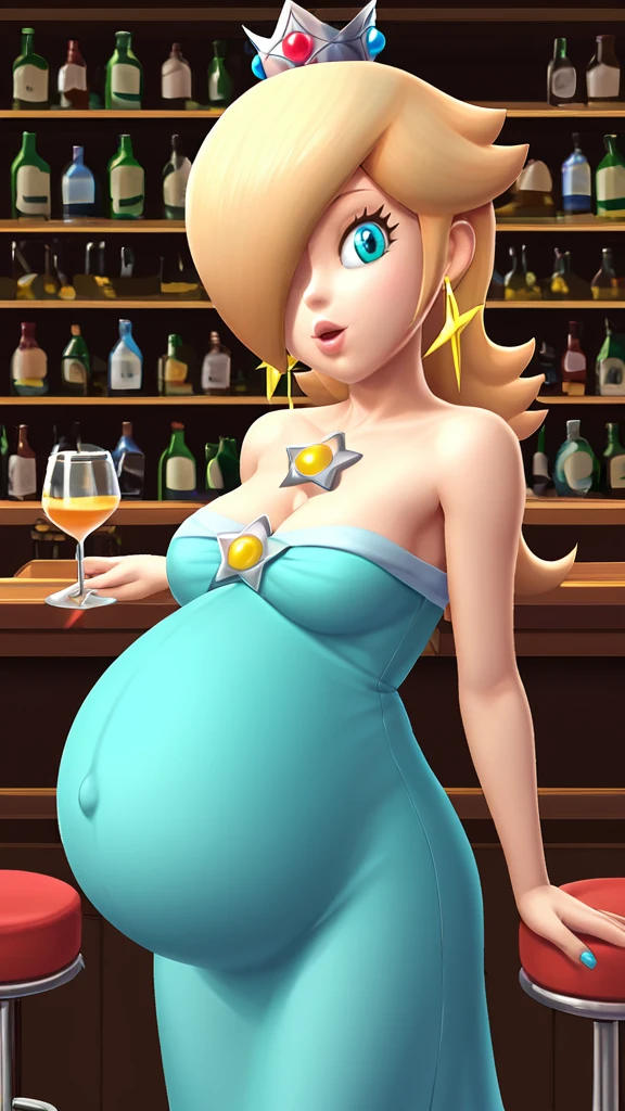 score_9, score_8_up, 1girl, solo, rosalina, style parody, thick outlines, blue dress, sleeveless, strapless, cleavage, indoors, bar, pregnant belly