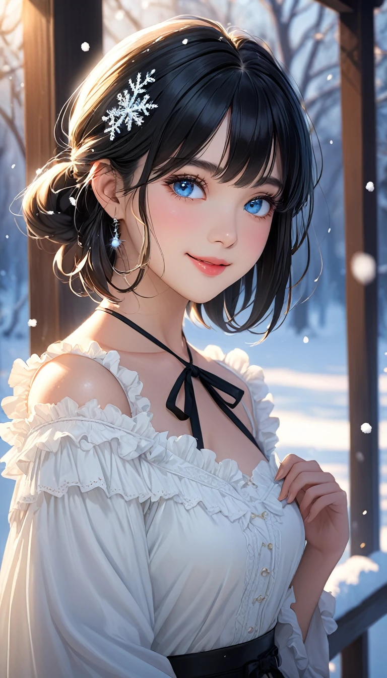 (((masterpiece))),best quality,illustration,4k wallpaper,movie lighting,absurd,1 girl,(snow,ice),in winter,black hair,shiny hair,medium hair,blue eyes,white clothes,frills,lace,leave_Shoulder,hair tie,masterpiece,telephoto lens,absurd,Exquisite face,features,natural light,soft light,(Seven-part combination),epic,Dreamy and magical,mystery,shy,smile,
