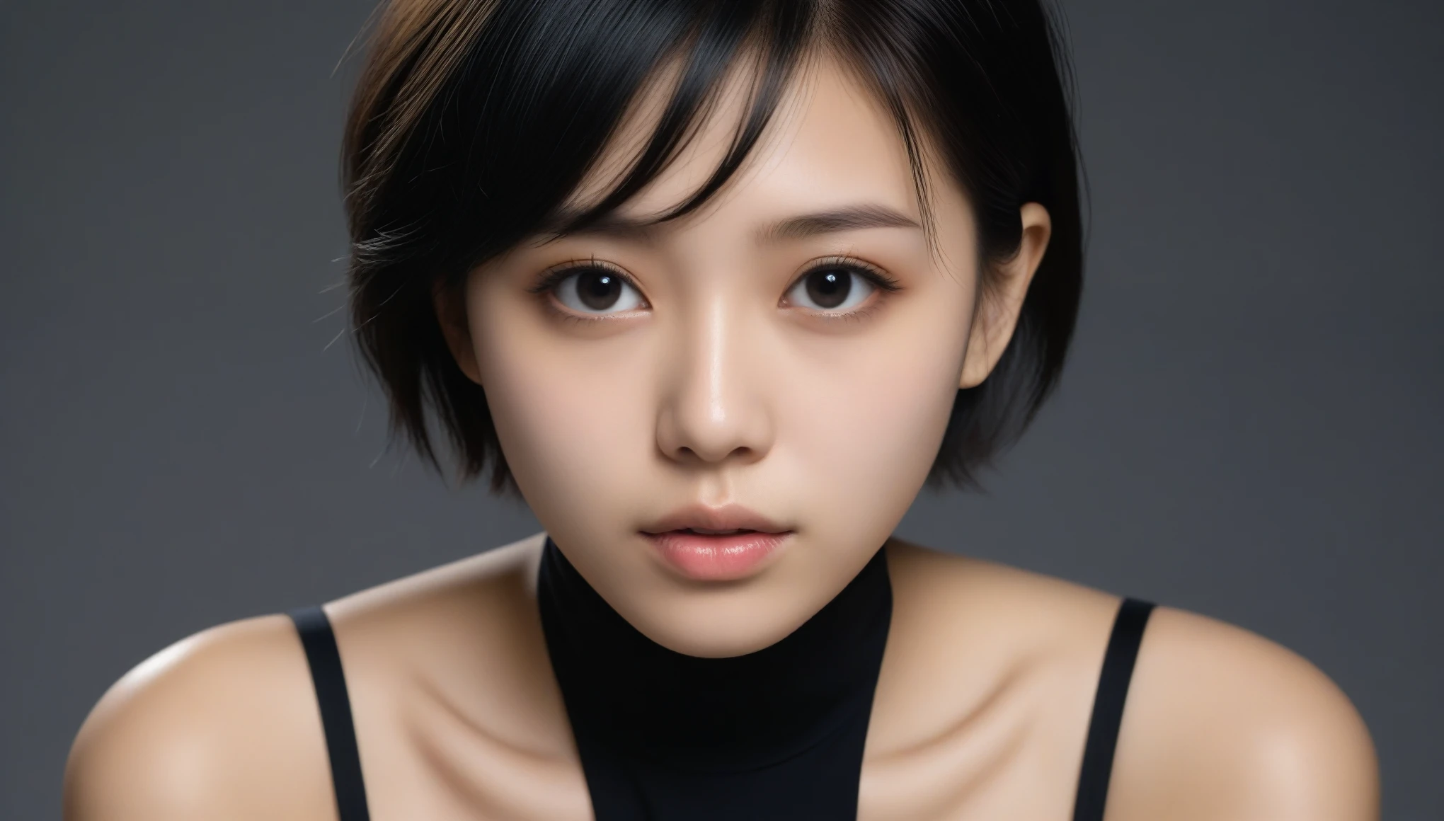 8k, Ultra-high resolution, Highest quality, masterpiece, 三分割法によるphotograph,Surreal, photograph, 1 Girl, (:1.3), pretty girl, Cute Face, Beautiful eyes in every detail, 細かくdetailedに,masterpiece,One Girl:1.2, Japan Female Announcer,upper body,from below,sad,streaming tears,Black short hair,Messy hair,(black suit:1.3),mourning clothes,(印象派の美しい少女のPortraiture), (Gray background:1.3),(Impressionist light and colour),Realistic Skin, Perfect and beautiful face ,完璧でCute Face, Skin with attention to detail, Perfect limbs、Narrow waist,Looking at the audience、beauty,Long neck,clavicle,(((Ideal body type))),A cup small breasts :2,Portraiture:2,Perfect Anatomy,鮮明なdetailed,detailed,Surreal,Light and shadow,underlighting