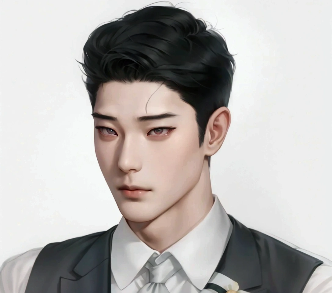 There is a drawing of a man wearing a tie and vest., Inspiration from Zhang Han, Inspiration from Kim Deuksin, Inspiration from Yan Juncheng, Inspired by Russell Dongjun Lu, Inspiration from Kang Se Hwang, Inspiration from Junggeun Lee, Inspired by Bian Shoumin, Inspired by Byeon Sang-byeok, Inspired by Sim Sa Jung