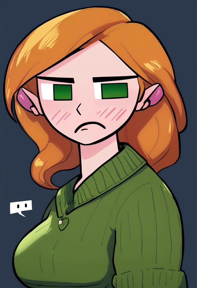 drawing of a woman in a green shirt and a green sweater, she has a cute face e expressivo, Abigail de Stardew Valley, madeline da celeste, [[[[grinning wickedly]]]], she has a cute face, slightly happy facial expression, cel - shaded art style, she has a distant expression, pale round face, bored expression drawing of a woman in a green shirt and a green sweater, she has a cute face e expressivo, Abigail de Stardew Valley, madeline da celeste, [[[[grinning wickedly]]]], she has a cute face, slightly sad facial expression, cel - shaded art style, she has a distant expression, pale round face, bored expression, minimalist eyes,  series, series, Boredom., White eyes, black Iris, White Hair, White Hair, big bobos, 