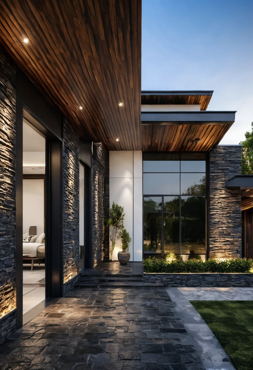 modern villa, streetcapes, sunlight, dark stone, white wall and wooden ceiling, best quality, masterpiece, uhd, 8k