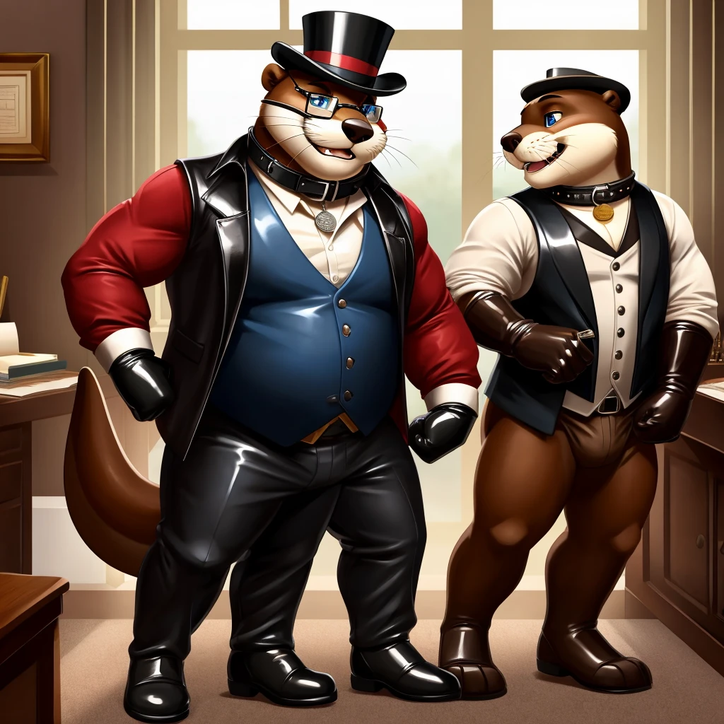 Multiple Otters exist, A Male, fat, extremely obese, gentleman, dapper Professor Otter with a large penis and testicles, ejaculating extreme amounts of sperm from the penis, blue eyes, (soft shading), 4k, hi res, ((detailed face, detailed)), evil grin, steampunk, collared shirt with buttons, top hat, male focus, Explorer Outfit, glasses, monocle, vest with buttons, backpack, sleeves rolled up, round eyewear, brown headwear, brown vest, Otter is wearing a glossy leather dog collar around the neck, Otter is wearing the leather collar and shirt and vest at the same time, Otter is wearing glossy white rubber gloves on the hands, wearing white rubber gloves on the feet, gloves are rubber in texture, clenching teeth, clenching fists, leather collar is glossy and shiny with a lot of detail, Otter is wearing gloves and leather collar at the same time, leather collar has a round dog-tag, leather collar is thick and detailed, sperm is sticky in texture. A Second Otter with the same attire, helping the fat Otter ejaculate sperm from his penis, Second Otter is rubbing the fat Otter's Penis, Second Otter is wearing glossy white rubber gloves on the hands and feet, Second Otter is wearing a glossy leather dog collar around the neck, second Otter is wearing the leather collar and vest and shirt at the same time, Second Otter is examining the fat Otter's penis by rubbing it, second Otter is clutching the fat Otter's penis with his hand.