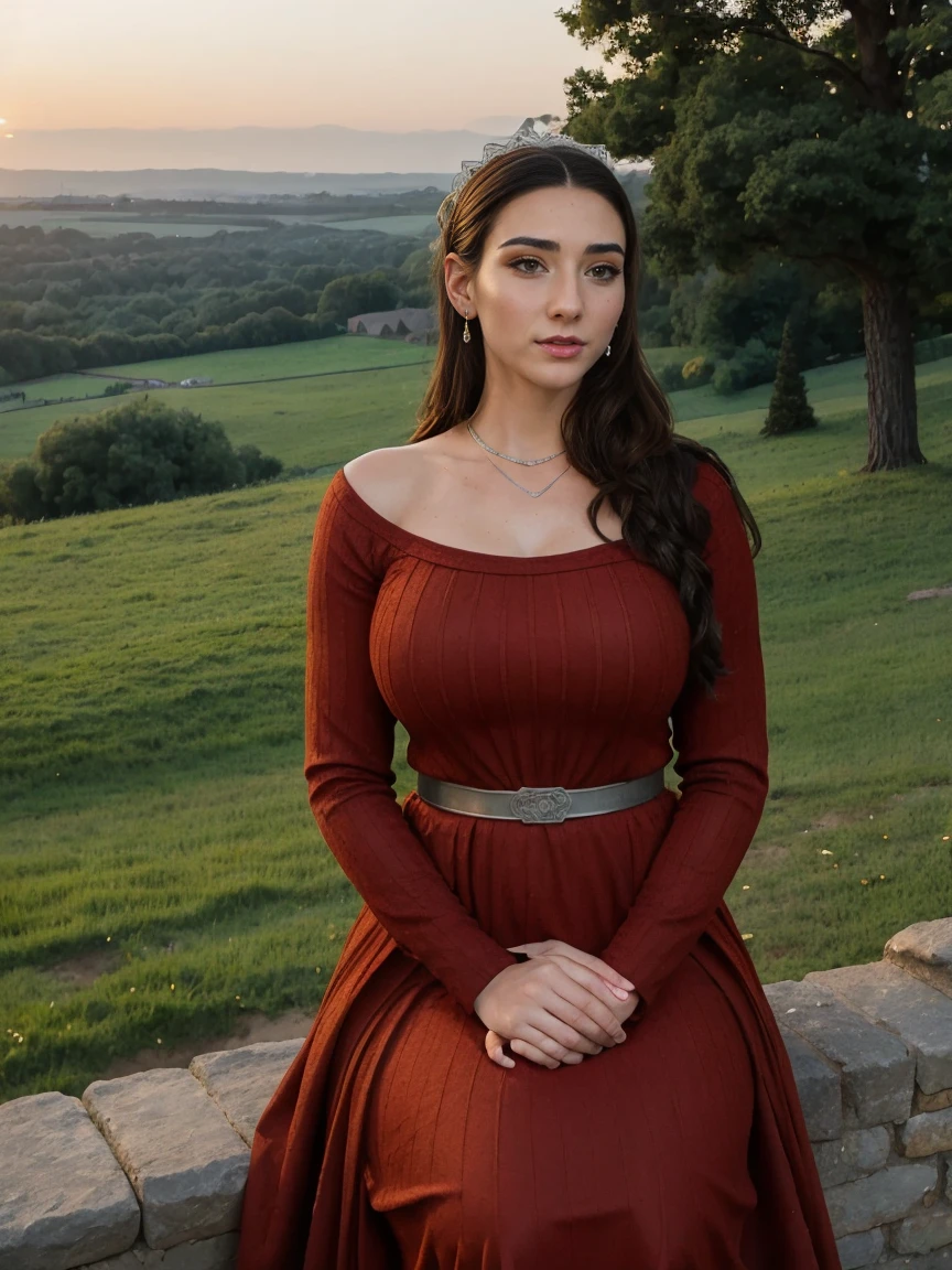 Gorgeous and sultry busty athletic (thin) brunette queen with sharp facial features wearing a modest updo, dark red medieval dress, long sleeves, intricate patterns, scrollwork, wide neck, crown, veil, long dress, modest dress, tight bodice, silver belt, (waist chain), medieval jewelry, Middle Ages, castle, rampart, wall, exterior, on top of a castle wall, trees, countryside, evening, sunset.