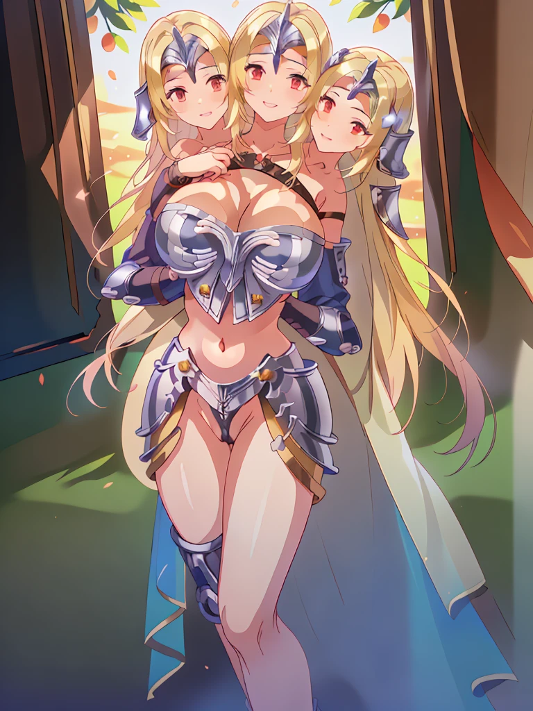 best quality, (masterpiece),(ultra-detailed), (high quality), (high resolution), (best quality:1.5, highres, UHD), highres, absurdo, ultra detail, ultra quality, (3heads:1.5) Gal, blonde hair, large breasts, thighs, silver-blue paladin armor, female paladin, open belly, open breasts, very huge breasts, medieval outfit, red eyes, sword, cropped armored chest piece, gorgeous female paladin, Guild Clothes with Armor, revealing armor, smiling, beautiful eyes, wearing an armored tiara, 
