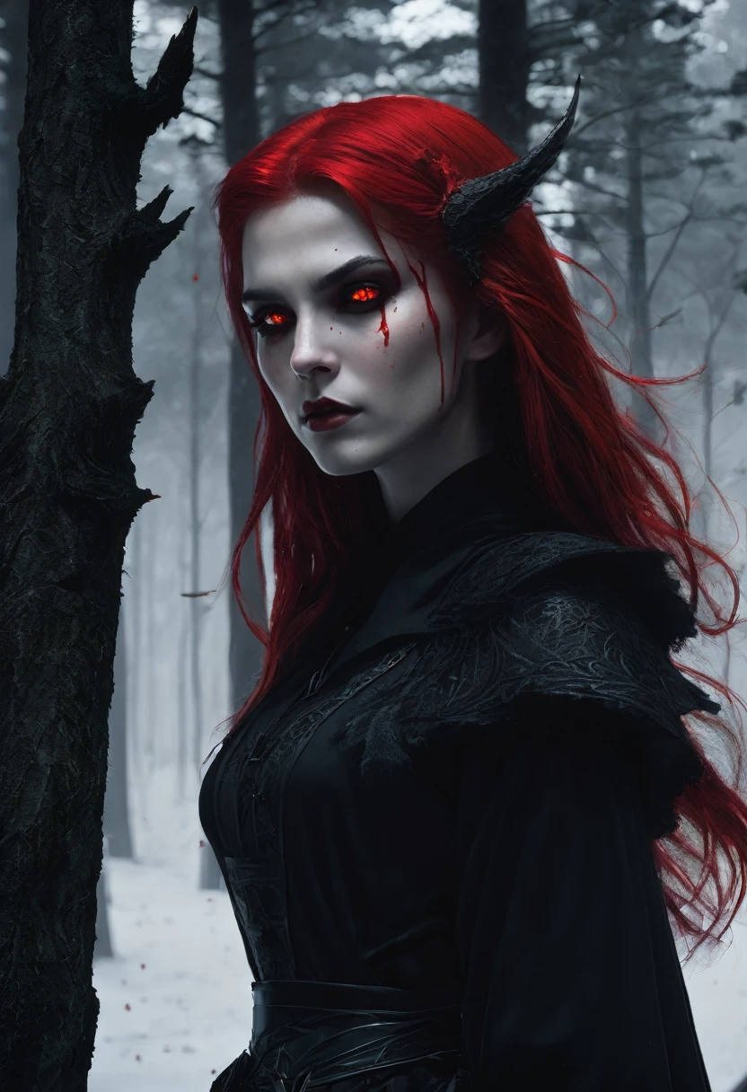 a woman, caucasian, detailed black clothes, red eyes, red hair, blood witch, profile view, detailed black clothing, blood around, dark forest background