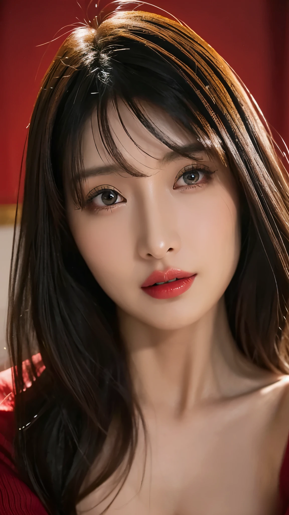 (Highest quality、On the table、8k、Best image quality、Award-winning works)、(Young girl, 14 years old:1.3)、(The perfect V-neck long red sweater:1.2)、(Red eyeshadow:1.2)、Perfect Makeup、Long eyelashes、Ultra HD Shining Eyes、Ultra HD Hair、Ultra-high resolution glossy lips、Ultra High Resolution Perfect Teeth、Ultra HD cute face、Brown Hair、(Very short straight hair:1.1)、Look at me and smile、[clavicle]、Accurate anatomy、Luxury Love Hotel、(The most atmospheric warm light:1.2)、Blurred Background、Has bangs、Ultra-high-definition, shiny, moisturized face、Ultra-high resolution glowing skin、The most delicate face、Super high resolution detailed faces、ultra high resolution hair、Ultra high resolution glowing eyes、Beautiful face with detailed expression、Ultra high resolution glossy red lips、Big Breasts、Split、Fashion Necklace、White camisole