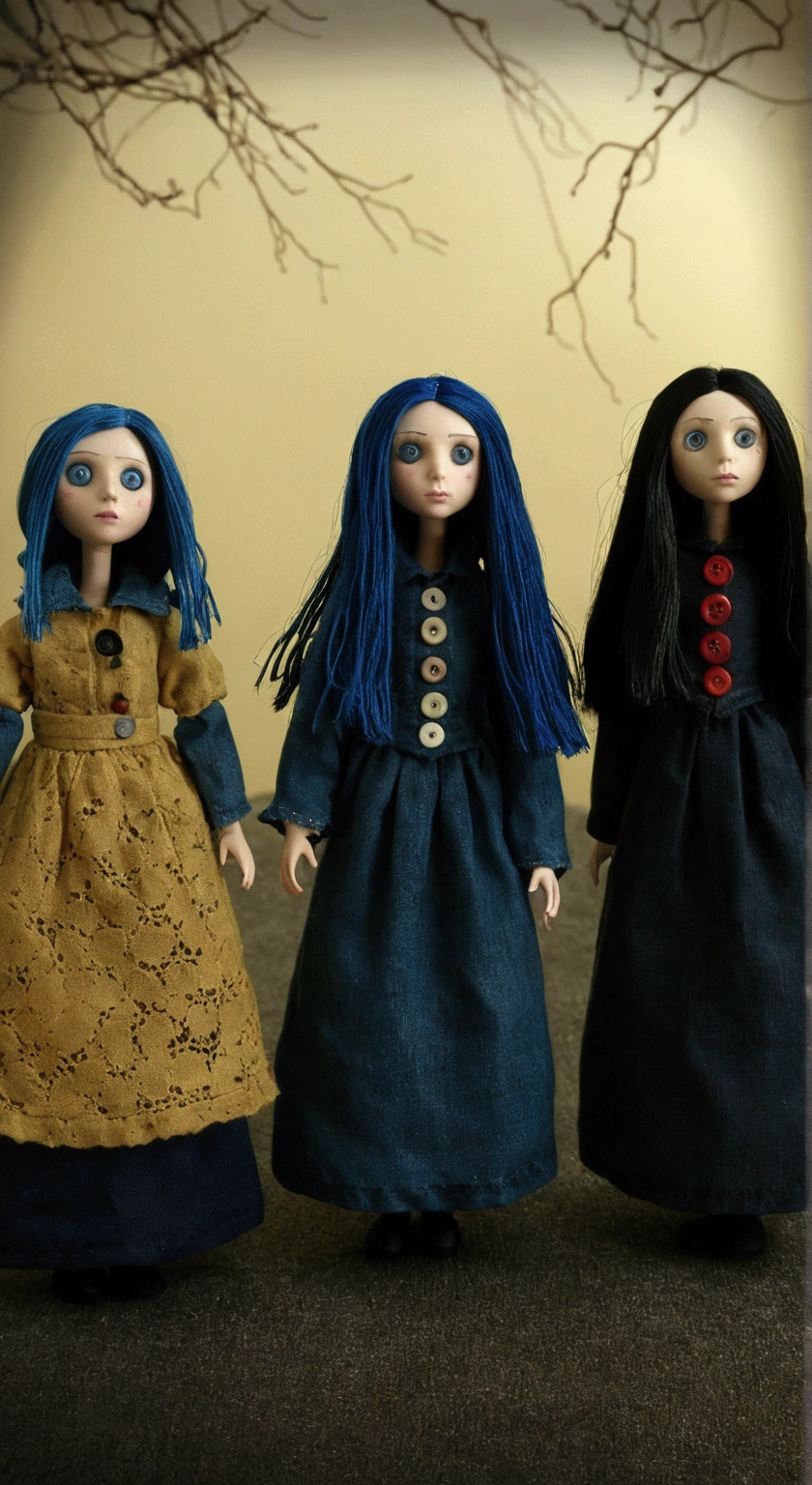 3 dolls based on the Coraline movie, buttons in the eyes, Scene from horror