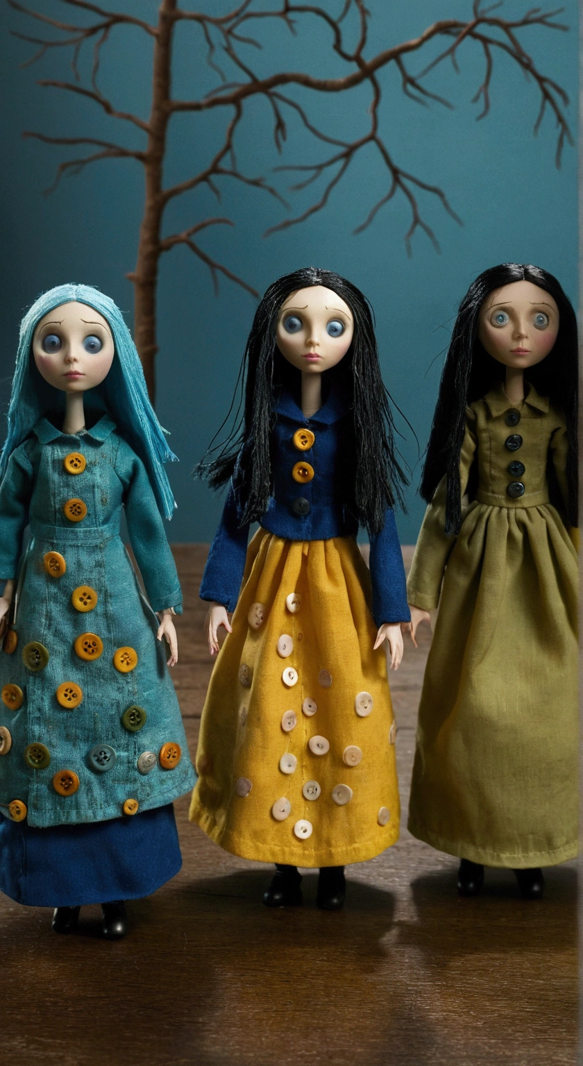 3 dolls based on the Coraline movie, buttons in the eyes, Scene from horror