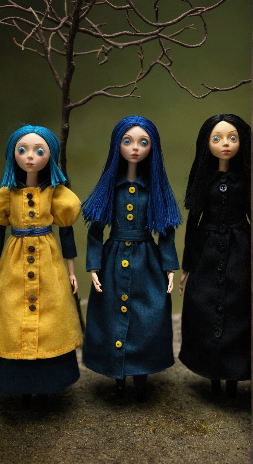 3 dolls based on the Coraline movie, buttons in the eyes, Scene from horror