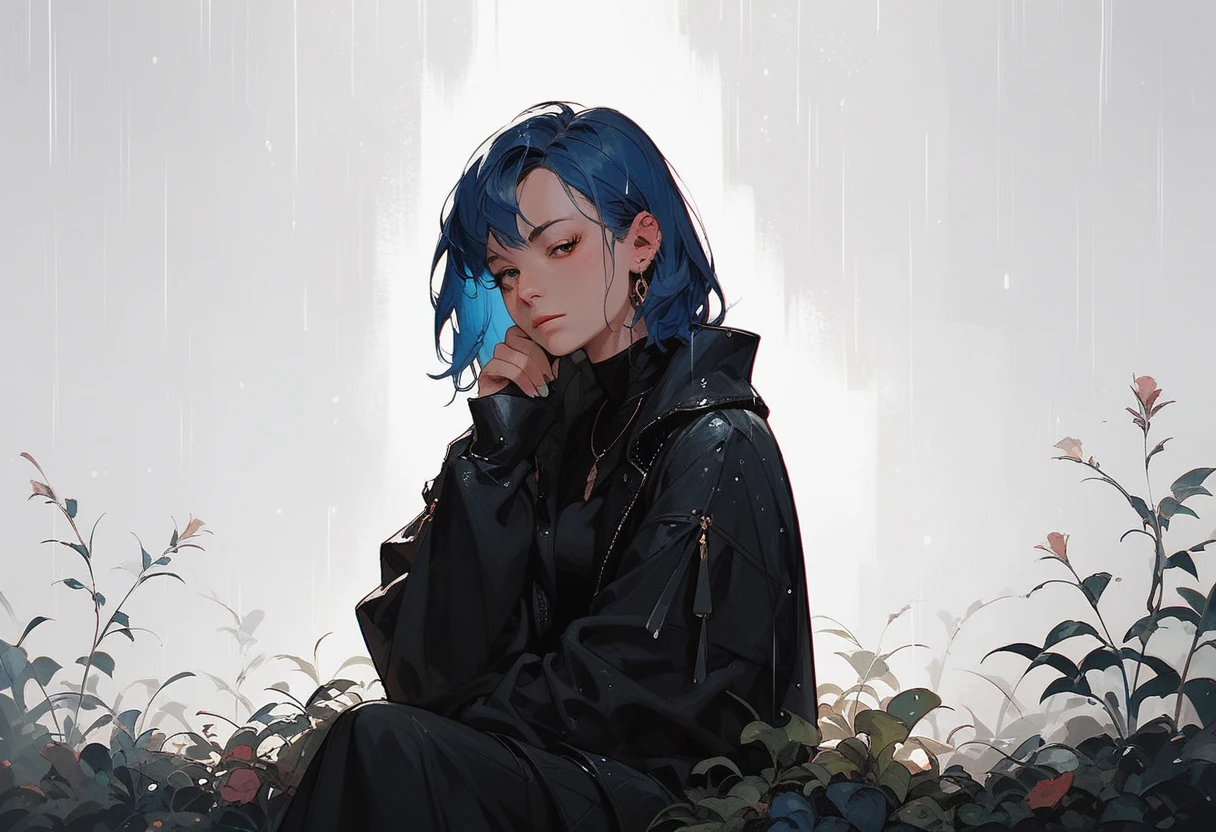 Anime character with blue
hair sitting in the rain..