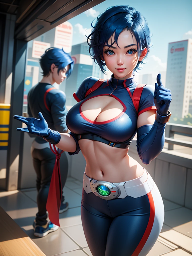 (at night), in a video game scene, a background of a beautiful city during the day raining, standing at attention, semi-short blue hair, goggles on top of her head, blue shirt on her chest, she has the face of a smiling frog type logo, big belt on the waist, blue fingerless gloves, white exercise pants, ((blue hair)), 1 girl, alone, 20 years old, young woman, perfect hands, beautiful fingers, beautiful long legs, beautiful body, beautiful nose, beautiful character design, perfect face, looking at the viewer with serious gesture (focusing on his face), closed mouth, Light_Smile, official art, extremely detailed CG unity 8k wallpaper, perfect lighting, bright and colorful front lighting, skin glossy (masterpiece: 1.0), (best_quality: 1.0), ultra high resolution, 4K, ultra detailed photography, 8K, HDR, high resolution, nonsense:1.2, Kodak portra 400, film grain, blurred background, bokeh:1.2, lens flare, (vibrant_color:1.2), professional photography, (Beautiful, breasts: 1.4), (beautiful_face: 1.5), (narrow waist),
