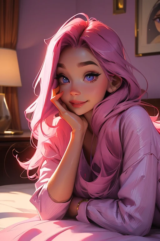 Perfect face. Perfect hands. A pink haired woman with violet eyes with an hourglass figure in pajamas is laying underneath the blankets with a tired smile.