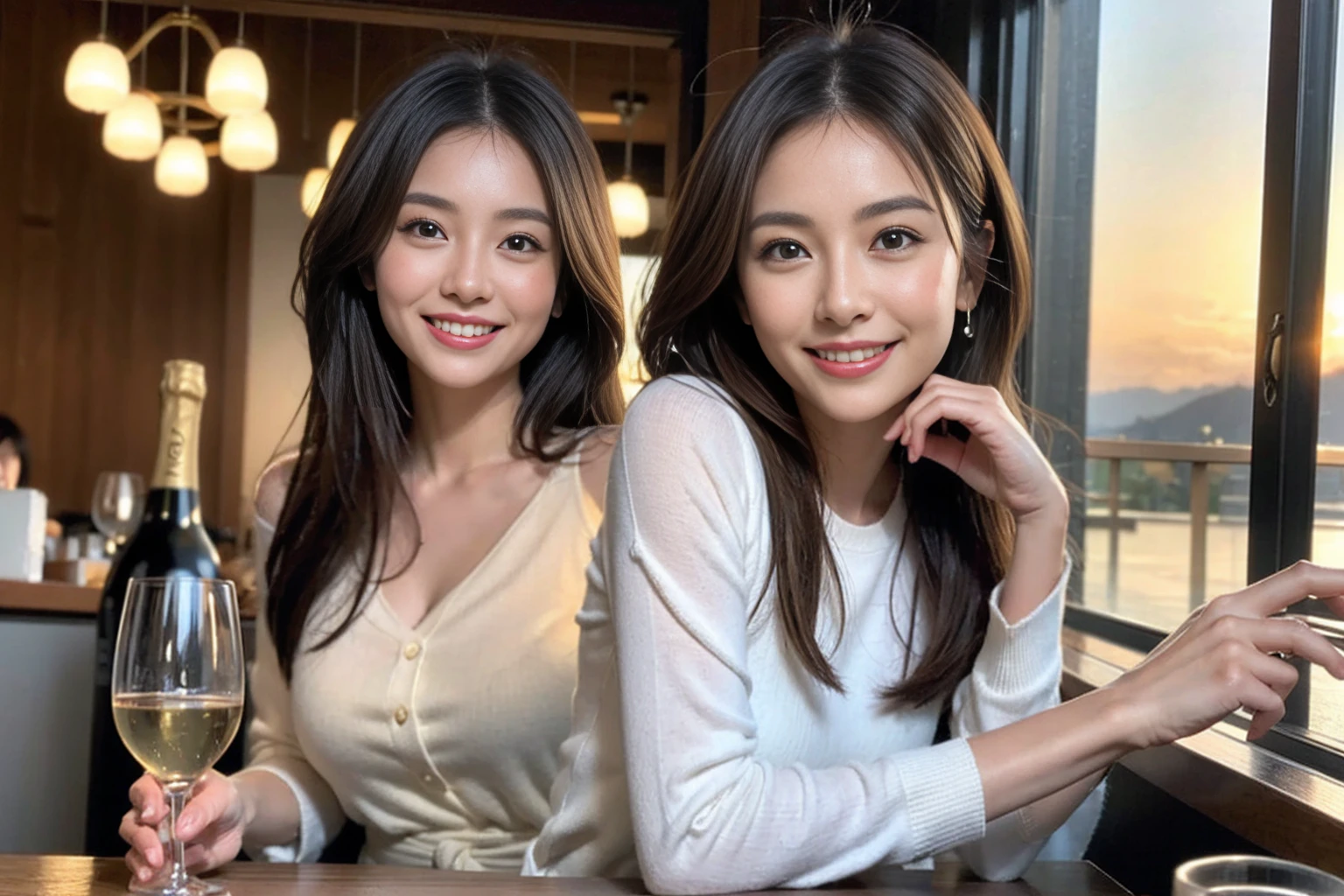 （Realistic:1.1）,(masterpiece,Highest quality)，8k,(44 years old), 47 years old, slimカップル、Model Couple、actress/actor、Tight waist,Upper Body,full-course dinner、wine 、Amazing view of the sunset sky and clouds、Perfect ???????, Brown Hair, short hair,Random Hairstyles,((Highly detailed face and eyes:1.2))(cute顔:1.4)，美しいactressの顔，Perfect golden ratio face，Long sleeve shirt、dress,(smile:1.2)、Shortcuts、cute、(Realistic, Intricate details:1.2), A bright smile、short hair,Bright Face、赤wine 、Appetizers、Italian food、wine bottle、Champagne、スパークリングwine、(slimな顔), (The body is slim), (Brown Hair), (Shortcuts),  Upper Body, 白wine, slim, wineグラス, 