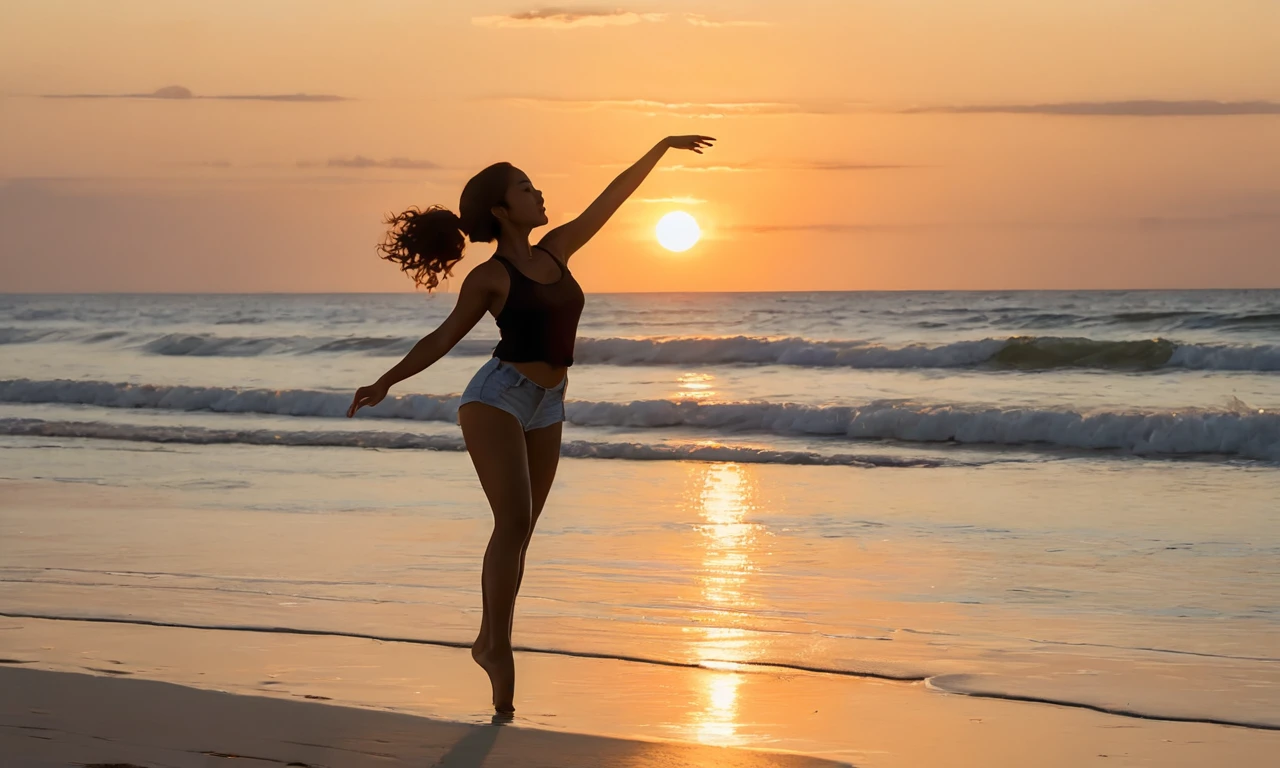 Imagine a serene moment on the beach where a girl  titled 'LuciaGTA6SDXL', dances gracefully by the water's edge. The sun is setting, casting a warm glow over the sand and shimmering waves. The girl's movements are fluid and expressive, her silhouette outlined against the backdrop of the colorful sky. The sound of gentle waves and distant seagulls adds to the peaceful atmosphere. It's a scene of tranquility and beauty, capturing the joy of dancing in harmony with nature."