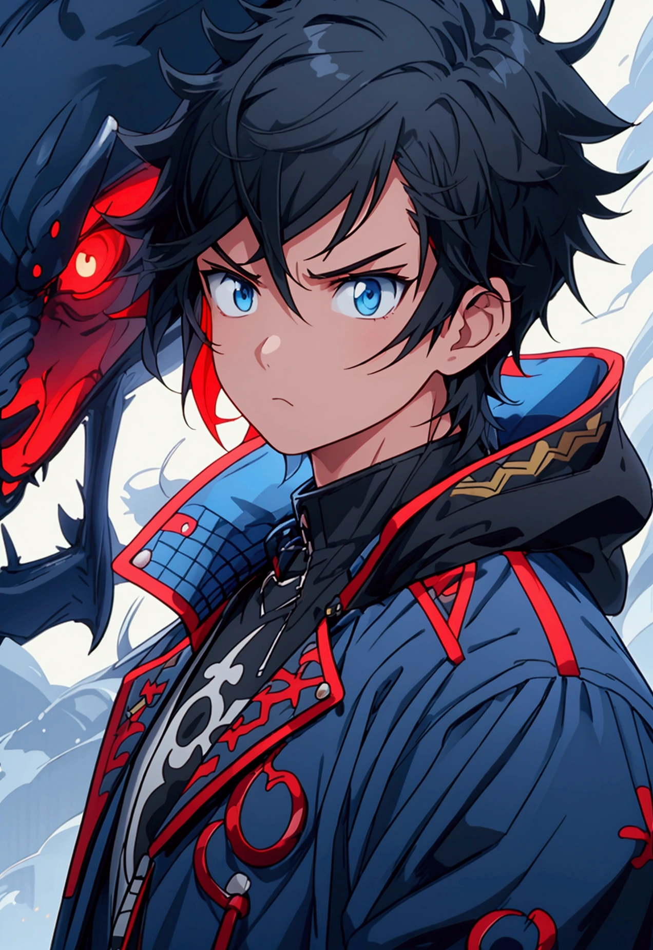 (Best quality), simple background, a boy, short black hair, jacket, looking into the distance, missing his sister, blue jacket, fierce eyes,