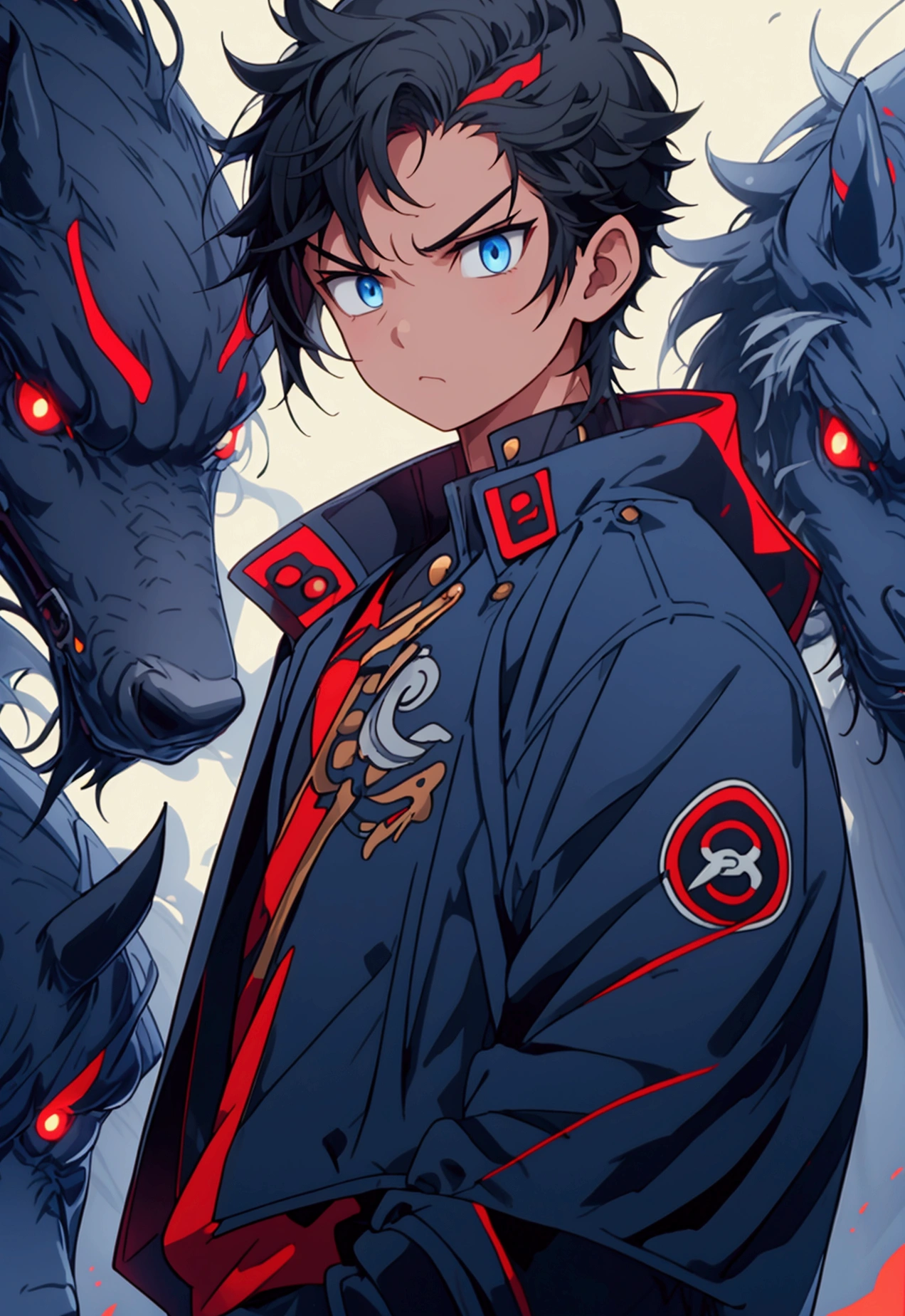 (Best quality), simple background, a boy, short black hair, jacket, looking into the distance, missing his sister, blue jacket, fierce eyes,