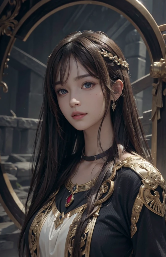 Skyland temple, open back, (Ultra Realistic), (Illustration), (Increased Resolution), (8K), (Extremely Detailed), (Best Illustration), (Beautiful and Detailed Eyes), (Best Quality), (Ultra Detailed), (Masterpiece ), ( wallpaper), (detailed face), solo, 1 girl, fine details, detailed face, deep shadows, low key, pureerosfaceace_v1, smiling, long hair, 46 points oblique bangs
