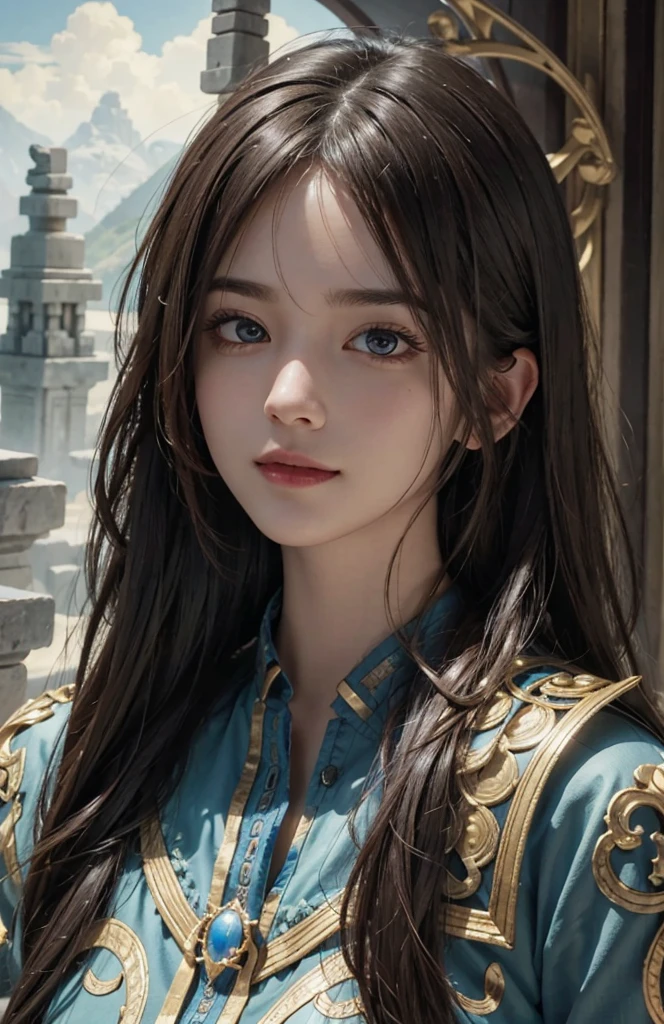 Skyland temple, open back, (Ultra Realistic), (Illustration), (Increased Resolution), (8K), (Extremely Detailed), (Best Illustration), (Beautiful and Detailed Eyes), (Best Quality), (Ultra Detailed), (Masterpiece ), ( wallpaper), (detailed face), solo, 1 girl, fine details, detailed face, deep shadows, low key, pureerosfaceace_v1, smiling, long hair, 46 points oblique bangs