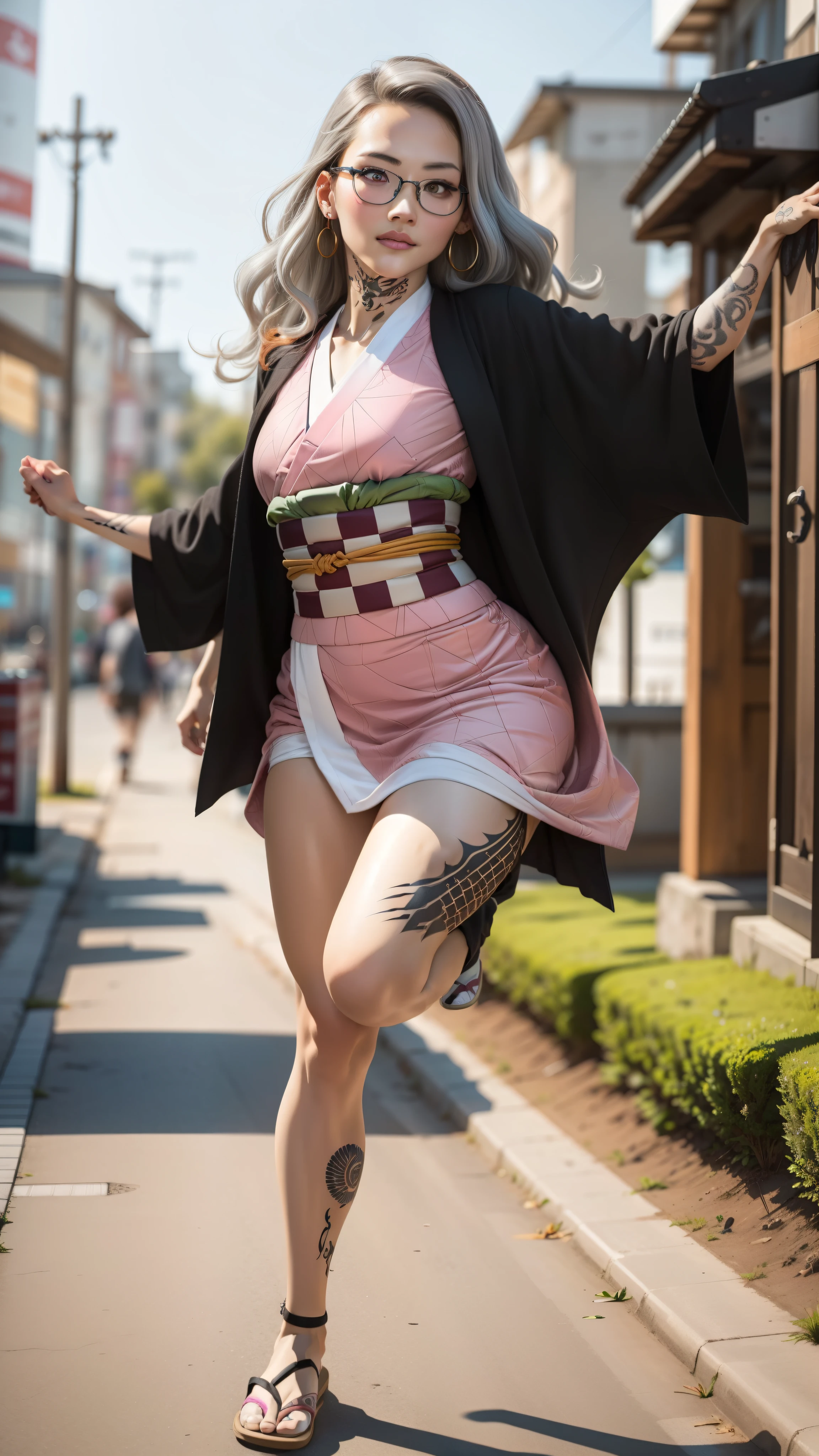 Cute Japanese female, (), (Very cute face), white moist skin, looking at camera, melancholy expression, (Pink bright eyes: 1.4), (Black framed glasses: 1.3)
BREAK,
(Parkour), (Very beautiful berserker female: 1.3), (Dynamic pose: 1.3),
BREAK,
(Wearing pink cute kimono: 1.3), (Highly revealing kimono), Very large earrings, Short length, (Black grass tattoo on body: 1.3),
BREAK,
(Long hair), (Light gray hair: 1.4), (Wavy hair), (Gradient hair: 1.3), (Red tips: 1.3),
BREAK,
(Realistic: 1.3), Masterpiece, Perfect lighting, (Ultra high resolution), (8K), (Highly detailed: 1.4), (From the front), (Full body: 1.4), (Symmetrical: 1.2), (One cut),
BREAK,
(Big cities in Japan: 1.2),