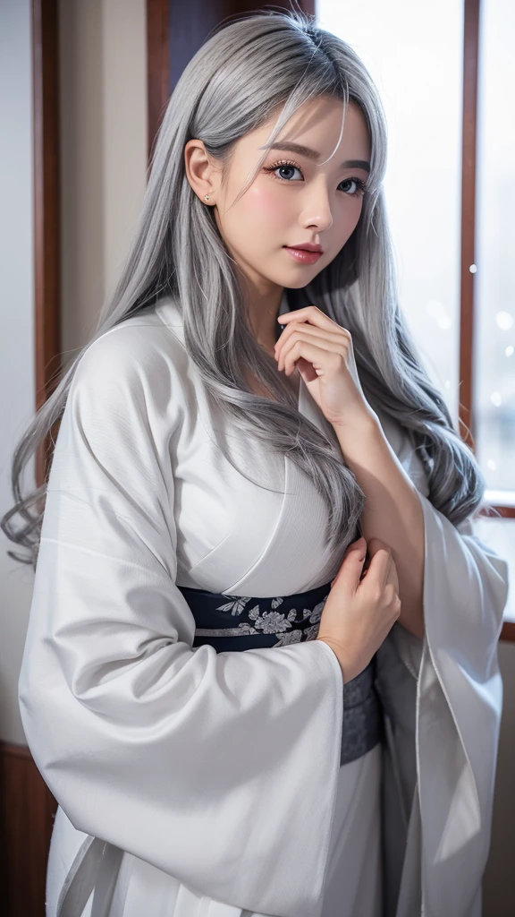 Snow Woman、Gray Hair、White kimono、long hair