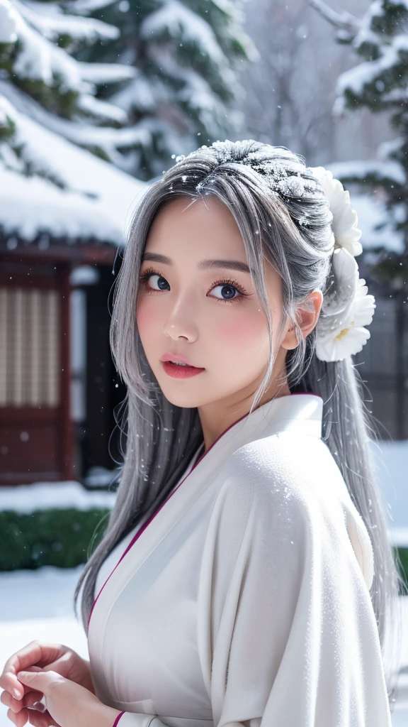 Snow Woman、Gray Hair、White kimono、long hair