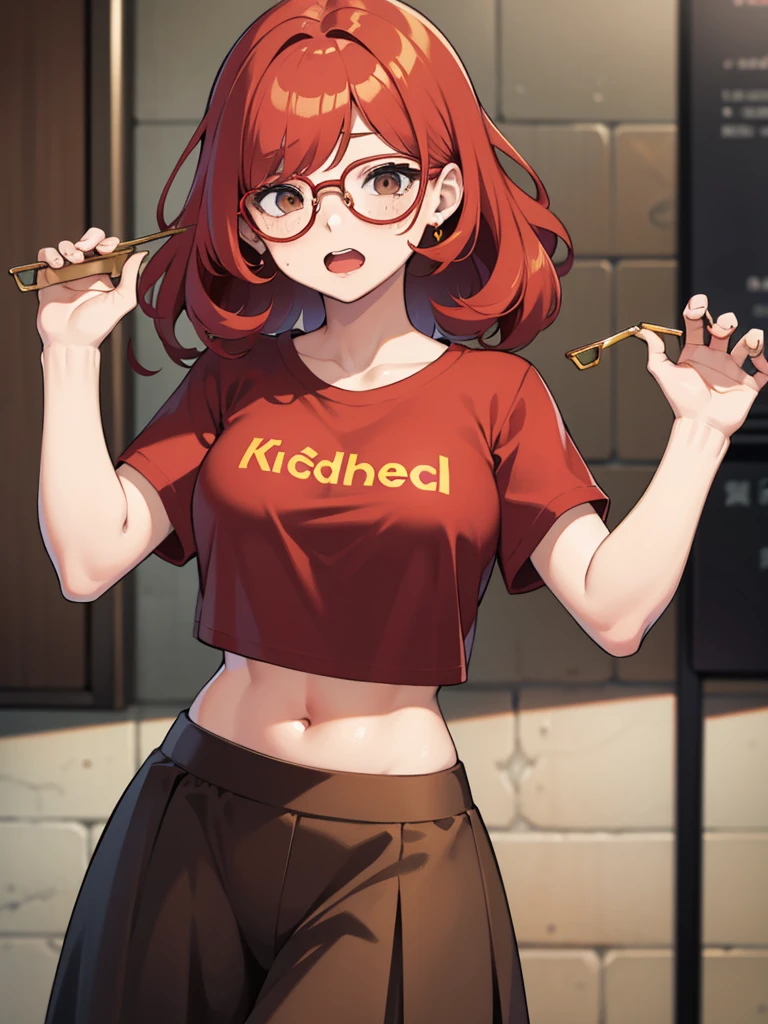 Red hair, curly hair, freckles, mad face, gold circle glasses, brown eyes,  body shape, skirt, cropped t-shirt