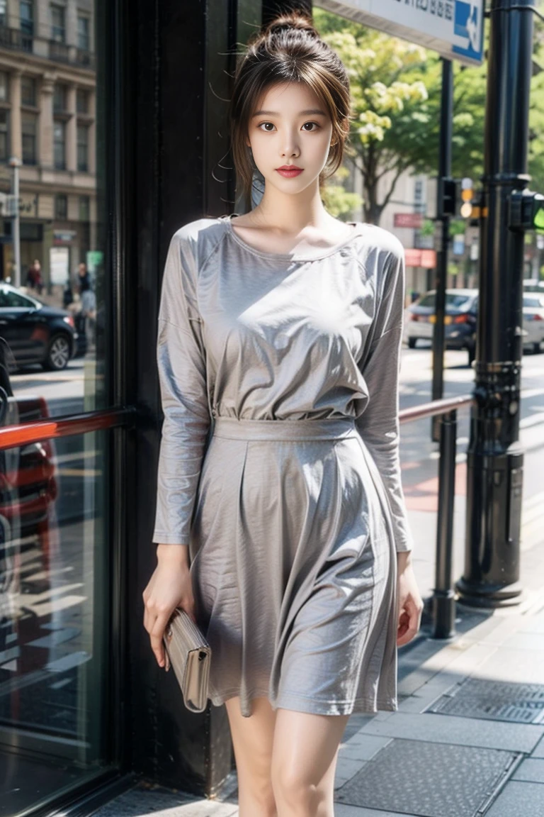 A beautiful woman in a gray dress