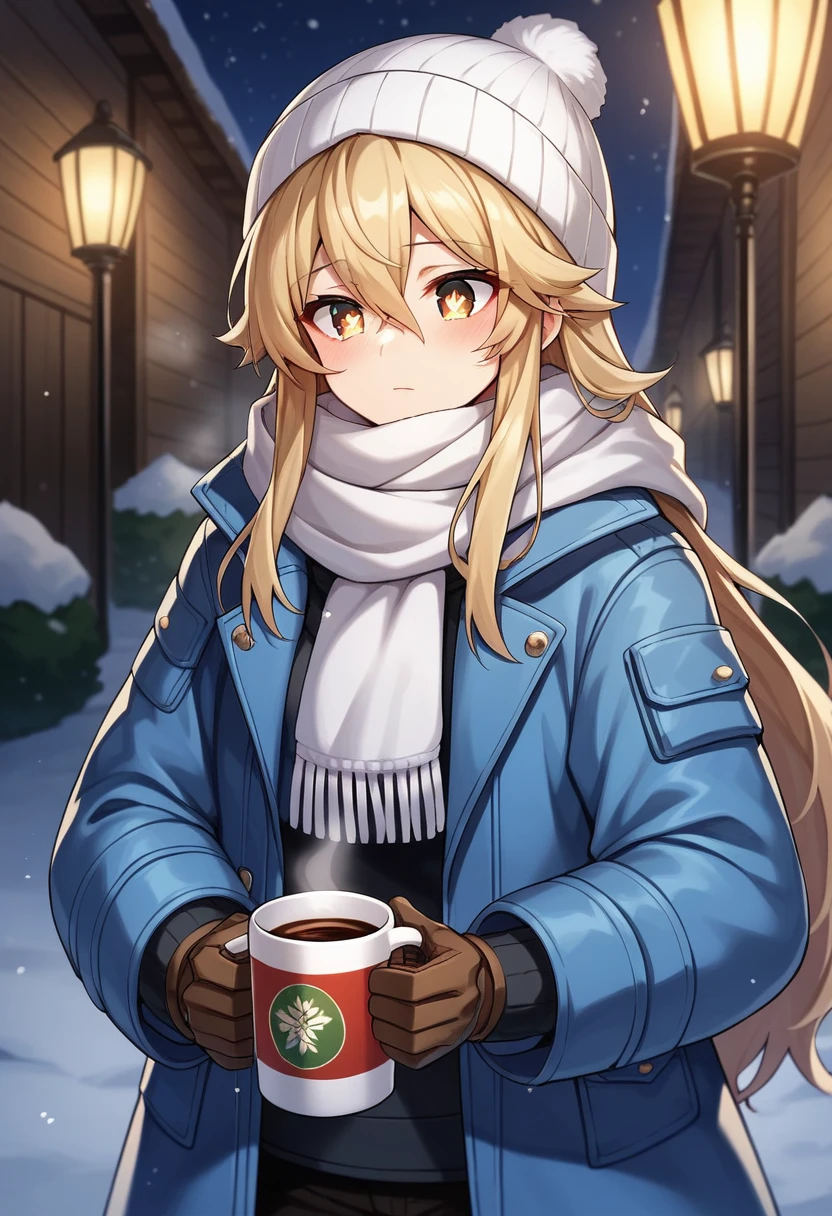 score_9, score_8_superior, score_7_superior, score_6_superior,sauce_anime, break,  shokuhou misaki, One girl, Blonde, Light brown eyes, Sparkling eyes,  Hair between the eyes, Long Hair, Winter clothes, Beanie, scarf, Winter coat, pants, gloves, Holding, coffee csuperior, Outdoor, night, it&#39;s snowing, Skyline, 