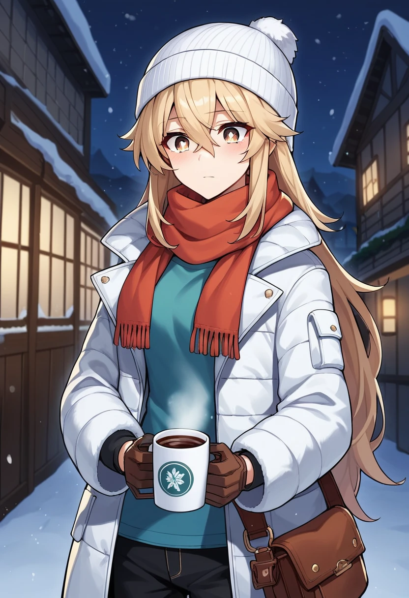 score_9, score_8_superior, score_7_superior, score_6_superior,sauce_anime, break,  shokuhou misaki, One girl, Blonde, Light brown eyes, Sparkling eyes,  Hair between the eyes, Long Hair, Winter clothes, Beanie, scarf, Winter coat, pants, gloves, Holding, coffee csuperior, Outdoor, night, it&#39;s snowing, Skyline, 