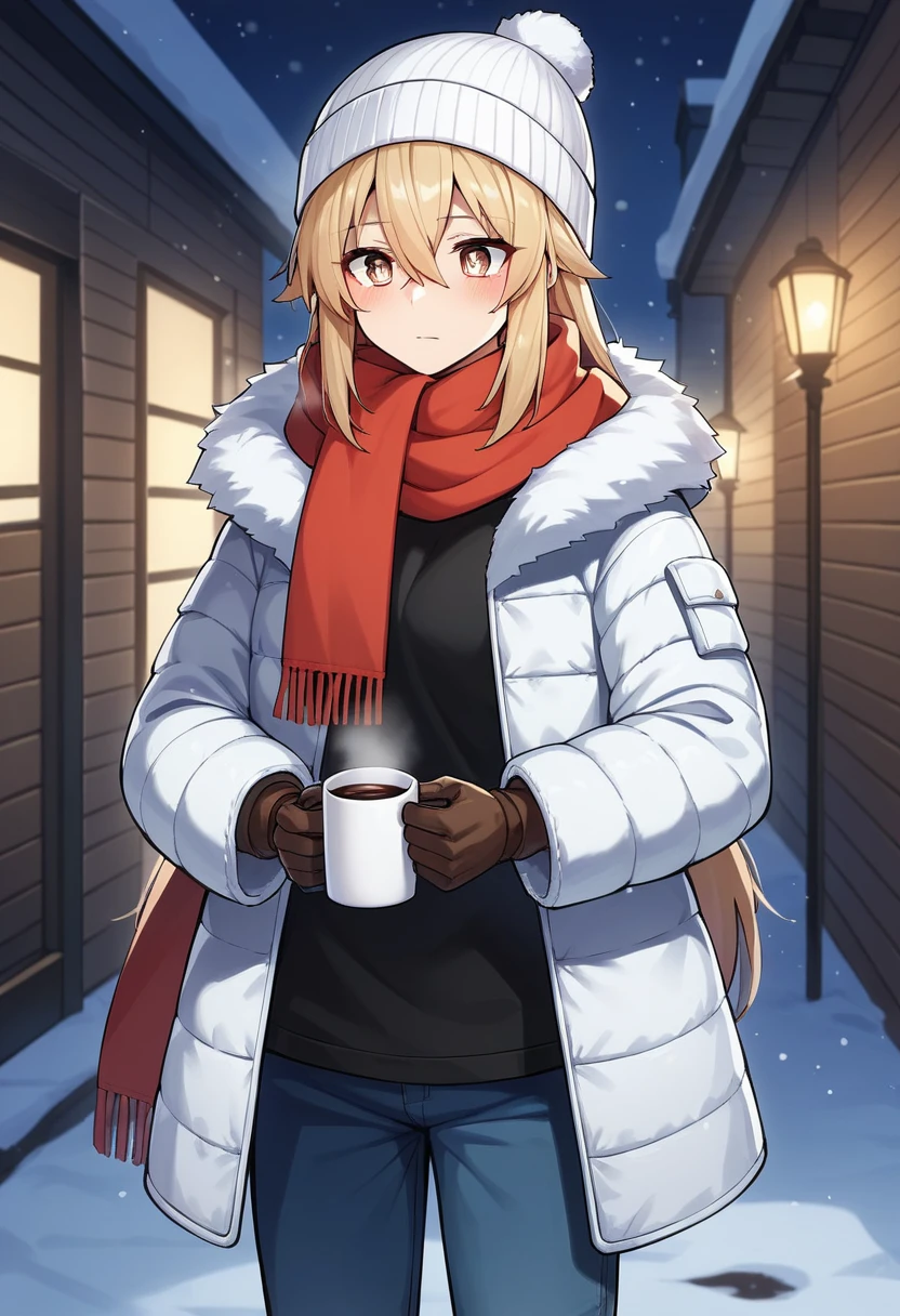 score_9, score_8_superior, score_7_superior, score_6_superior,sauce_anime, break,  shokuhou misaki, One girl, Blonde, Light brown eyes, Sparkling eyes,  Hair between the eyes, Long Hair, Winter clothes, Beanie, scarf, Winter coat, pants, gloves, Holding, coffee csuperior, Outdoor, night, it&#39;s snowing, Skyline, 