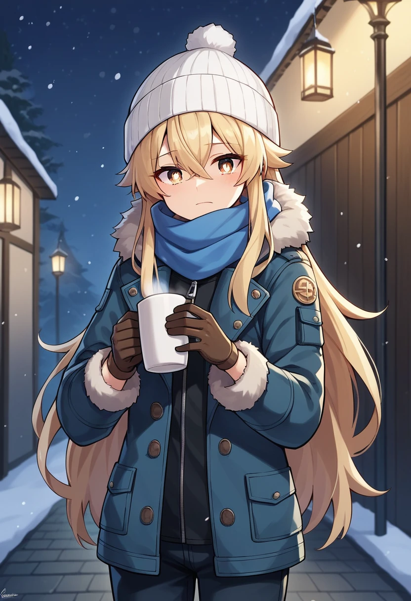 score_9, score_8_superior, score_7_superior, score_6_superior,sauce_anime, break,  shokuhou misaki, One girl, Blonde, Light brown eyes, Sparkling eyes,  Hair between the eyes, Long Hair, Winter clothes, Beanie, scarf, Winter coat, pants, gloves, Holding, coffee csuperior, Outdoor, night, it&#39;s snowing, Skyline, 