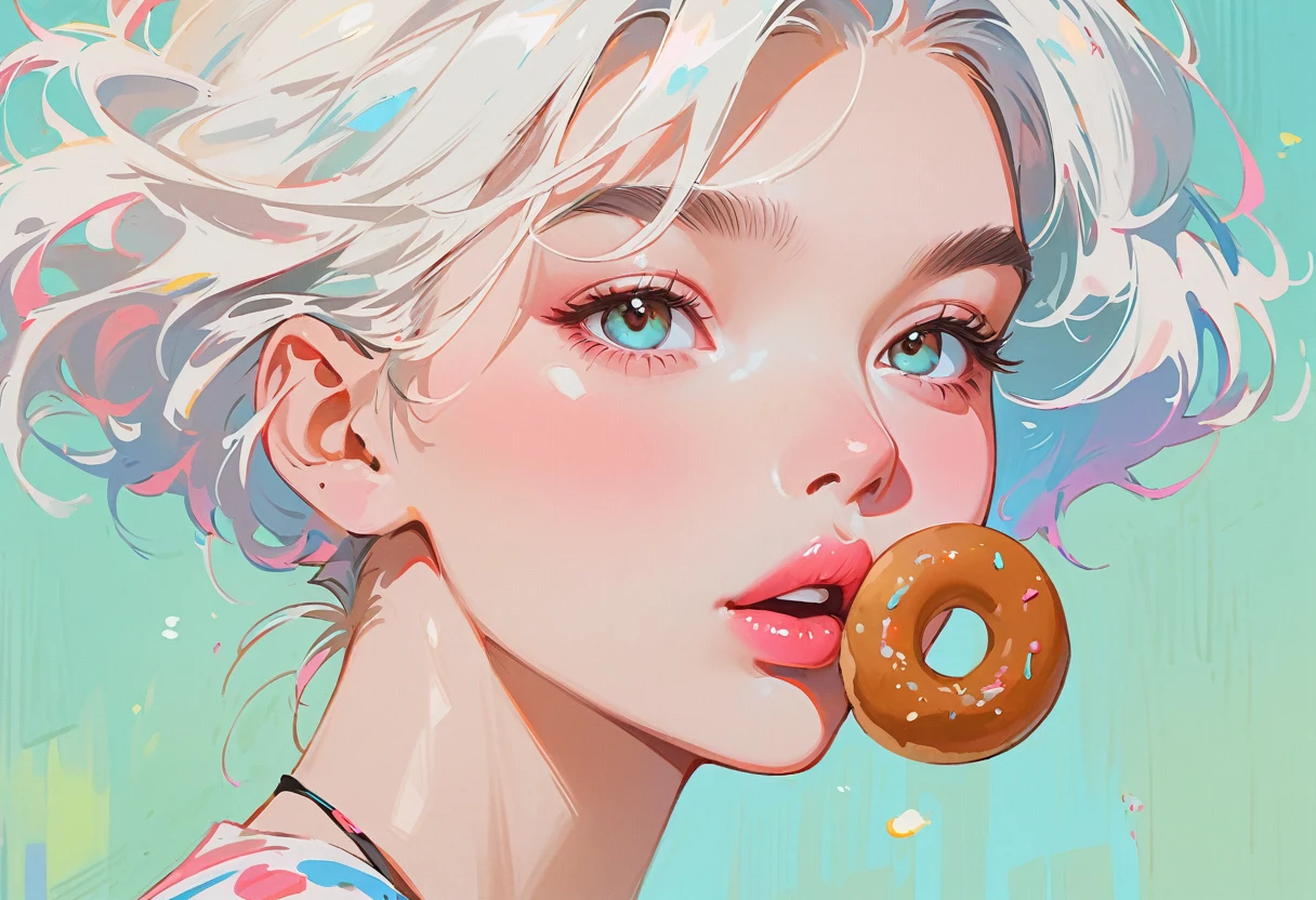 (masterpiece、best quality: 1.2)、1 girl、、Anime style、White hair、Pink lips、E wave hair、Take a bite of a donut、In the style of a leading portrait painter、Light blue background。