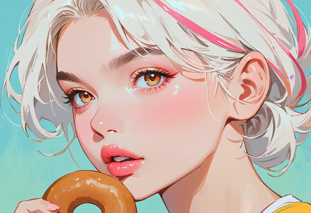 (masterpiece、best quality: 1.2)、1 girl、、Anime style、White hair、Pink lips、E wave hair、Take a bite of a donut、In the style of a leading portrait painter、Light blue background。
