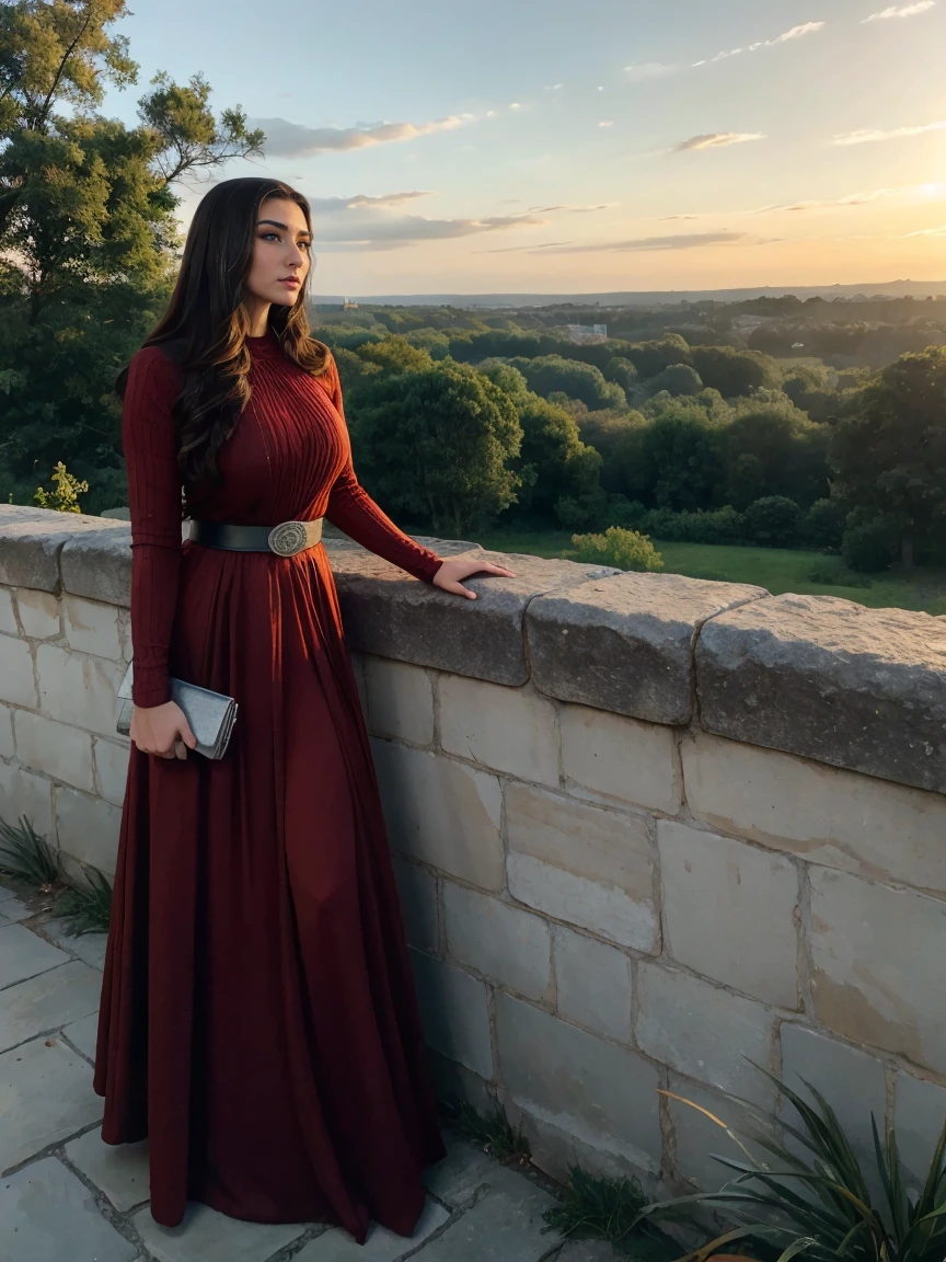 Gorgeous and sultry busty athletic (thin) brunette queen with sharp facial features wearing a modest updo, dark red medieval dress, long sleeves, intricate patterns, scrollwork, wide neck, crown, veil, long dress, modest dress, tight bodice, silver belt, (waist chain), medieval jewelry, Middle Ages, castle, rampart, wall, exterior, on top of a castle wall, trees, countryside, evening, sunset.