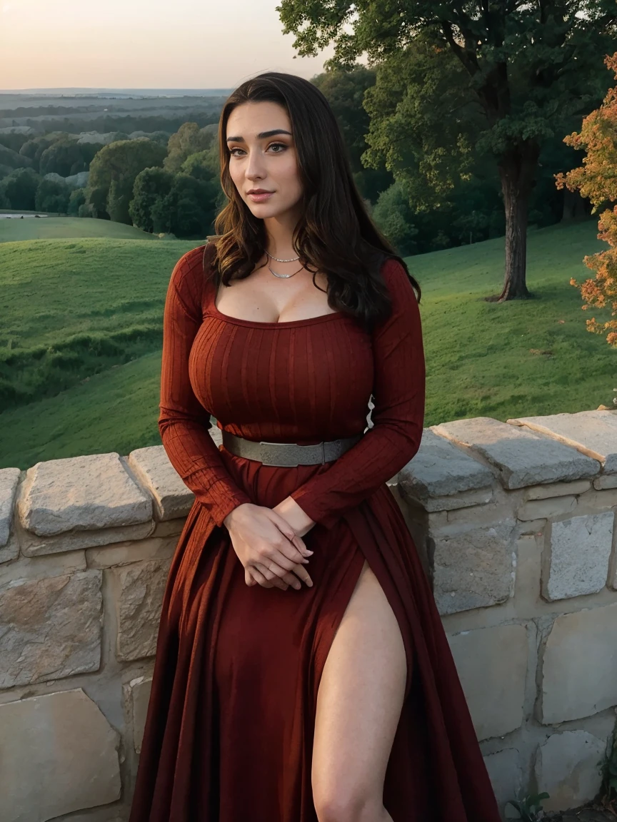 Gorgeous and sultry busty athletic (thin) brunette queen with sharp facial features wearing a modest updo, dark red medieval dress, long sleeves, intricate patterns, scrollwork, wide neck, crown, veil, long dress, modest dress, tight bodice, silver belt, (waist chain), medieval jewelry, Middle Ages, castle, rampart, wall, exterior, on top of a castle wall, trees, countryside, evening, sunset.