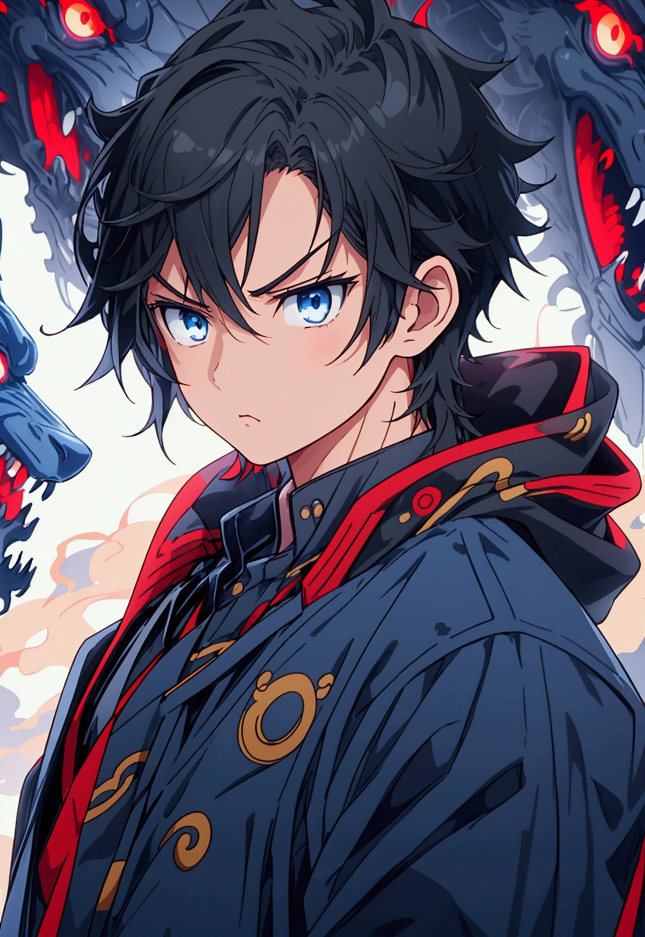 (Best quality), simple background, Japanese novel cover, a boy, short black hair, jacket, looking into the distance, missing his sister, blue jacket, fierce eyes,