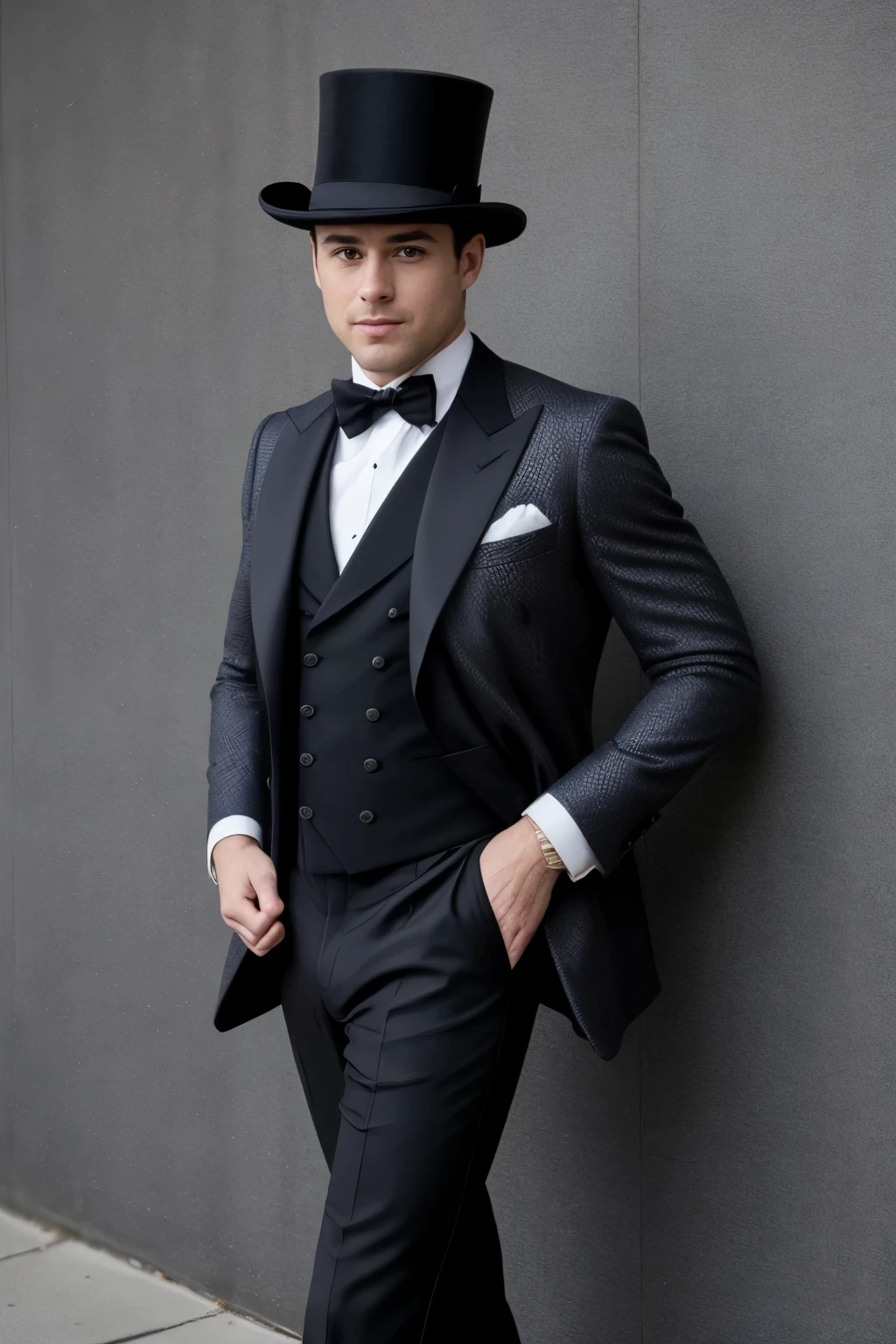 A realistic portrait of a 35-year-old man, exuding confidence and happiness, is desired. He is dressed in a well-tailored suit and a stylish top hat, a classic accessory that adds an air of sophistication to his attire. The image captures him under cinematic light, casting long shadows that highlight the details of his suit. The side lighting brings out the texture of his suit and the shine of his polished shoes. The photo is taken in ultra-high resolution, ensuring every detail is crystal clear, from the intricate patterns on his suit to the  creases around his eyes that showcase his happiness. The image is reminiscent of a vintage masterpiece, with a